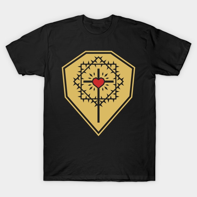 The cross of Jesus Christ with a heart framed by a crown of thorns against the background of a shield. T-Shirt by Reformer